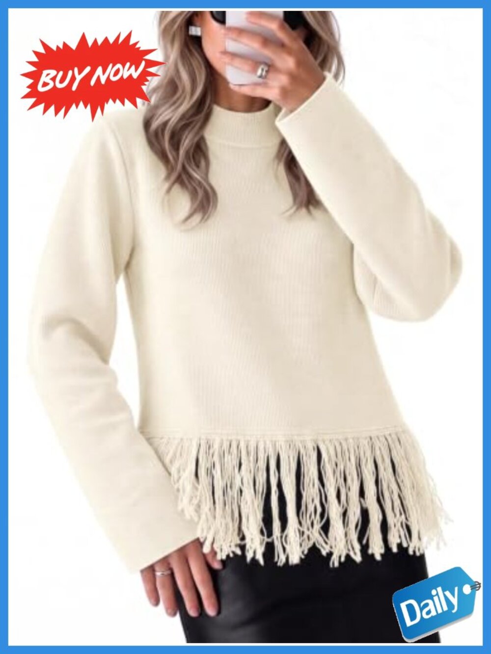 Fringe Sweater Mock Neck Long Sleeve Pullover Boho Knit Top